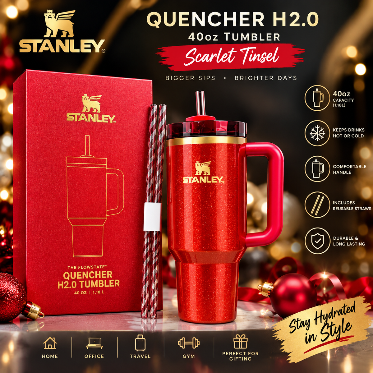 Stanley Scarlet Tinsel 40oz Tumbler – Exclusive New