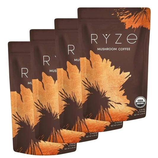 RYZE Organic Mushroom Coffee 4-Pack – 30 Servings Each, Instant Coffee