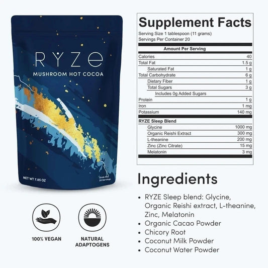 RŸZE Mushroom Hot Cocoa Sleep Powder with Melatonin & Reishi – 20 Pack